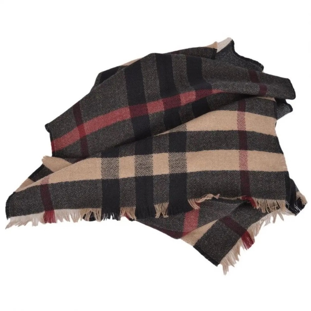 BURBERRY Reversible Wool Plaid Scarf Beige Black Red Fringe Sz 66”x16 - Picture 2 of 6